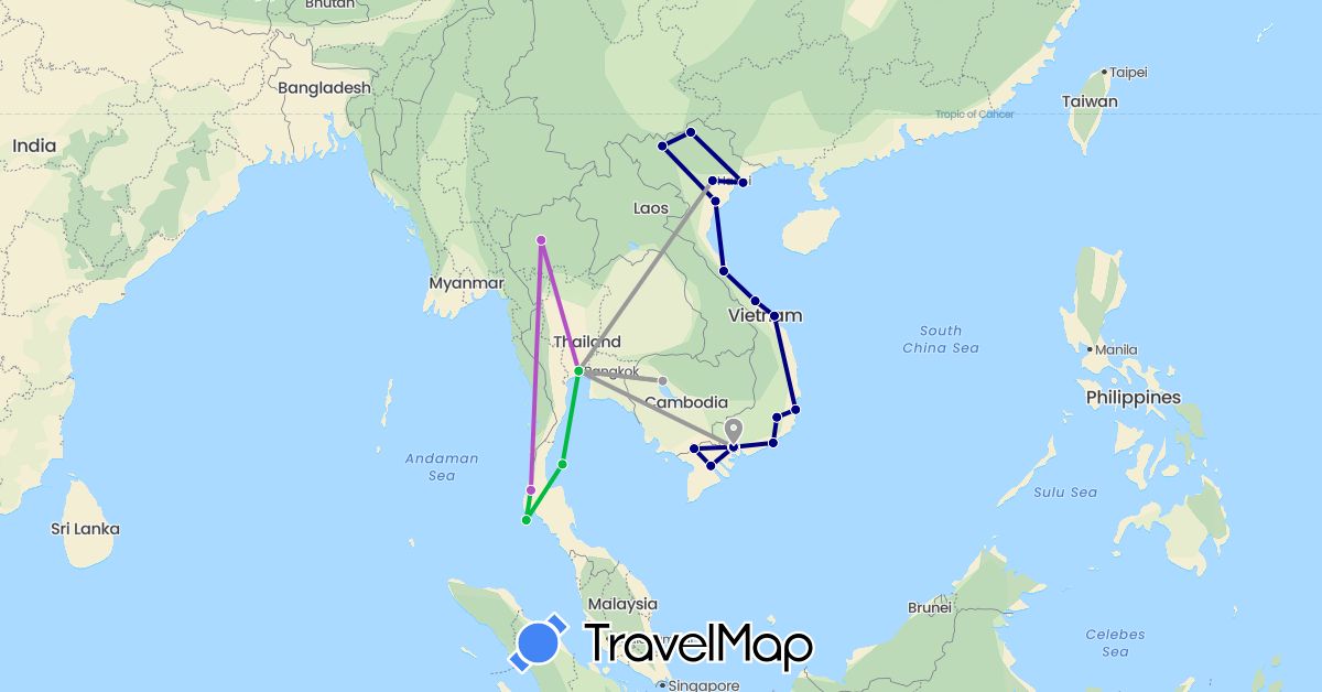 TravelMap itinerary: driving, bus, plane, train in Cambodia, Thailand, Vietnam (Asia)